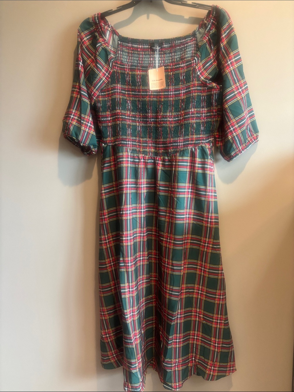 BloomChic Green and Red Plaid Smocked Midi Dress